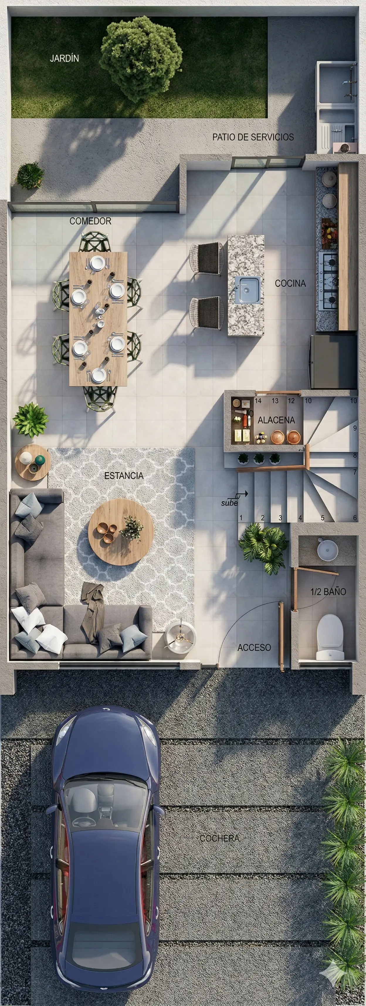 Plano arquitectónico de Planta Baja del modelo Berlín con 3 hab.