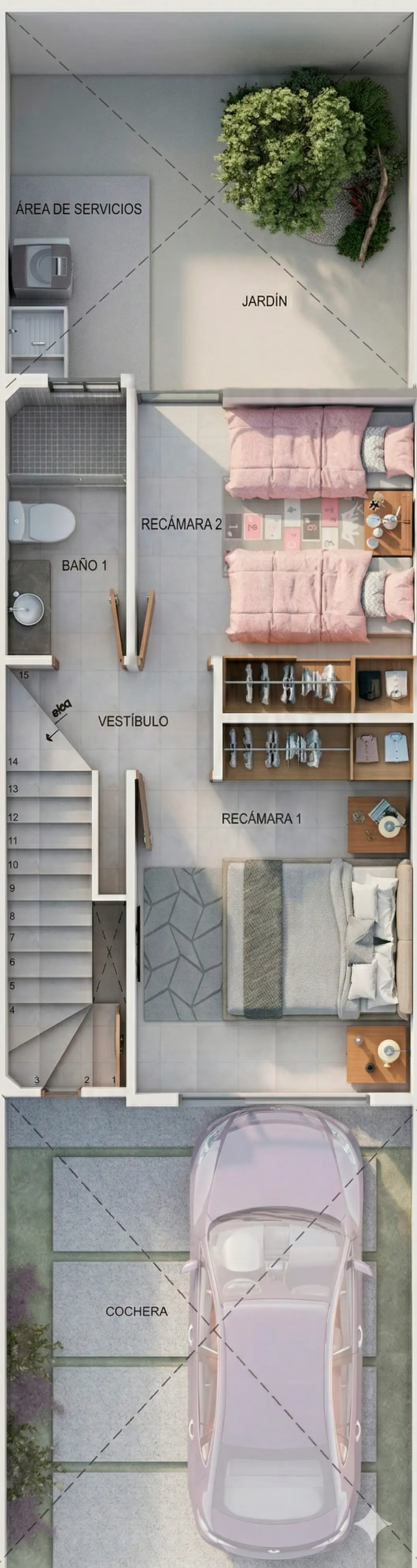 Plano arquitectónico de Planta Alta del modelo Madrid en San Luis Potosí