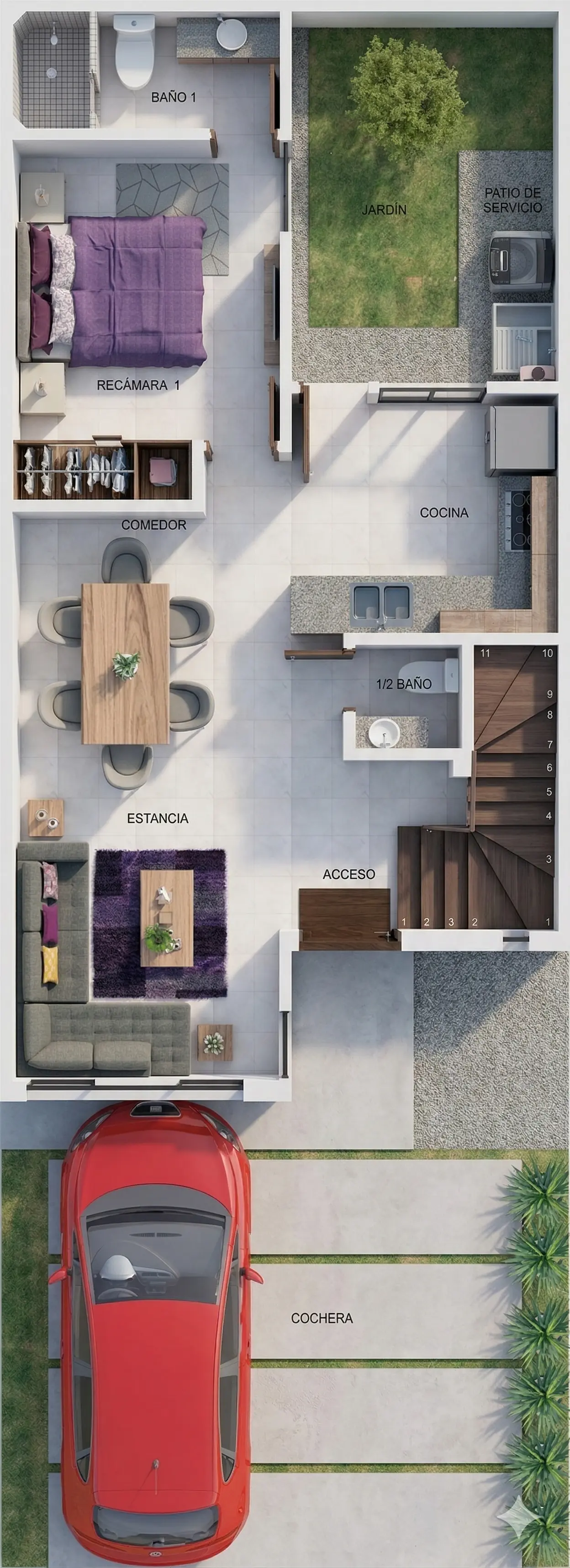 Plano arquitectónico de Planta Baja del modelo Málaga con 3 hab.