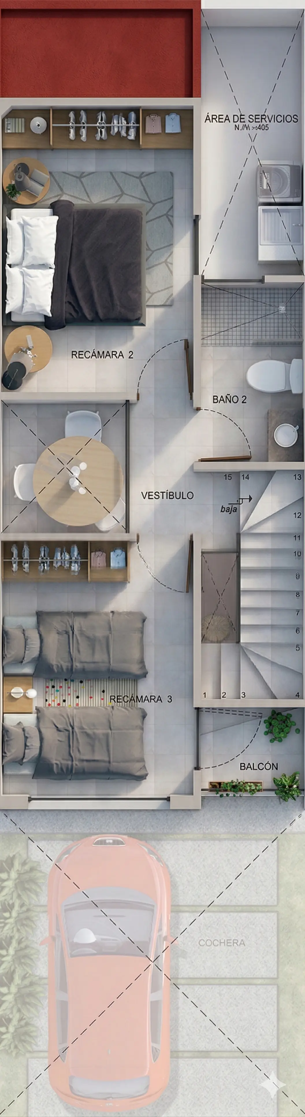 Plano arquitectónico de Planta Alta del modelo Roma en San Luis Potosí